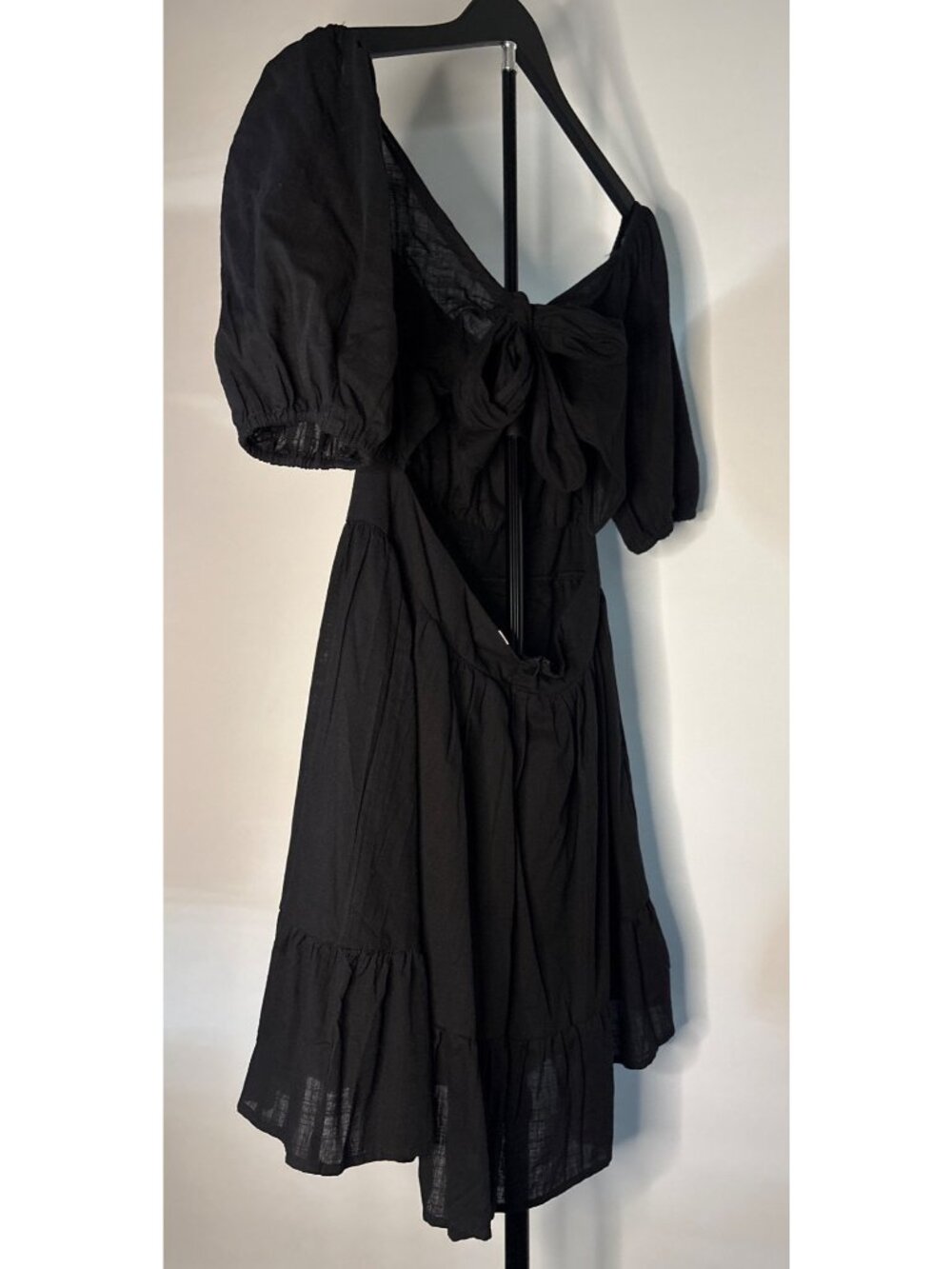 SHEIN Midi Black Backless Cut Out Puff Sleeve Tie Back Smocked Waist Ruffled Hem - Picture 11 of 16